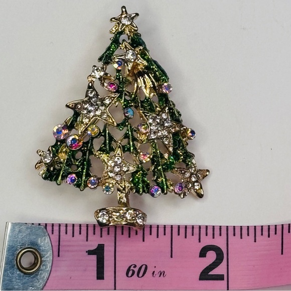 Christmas Tree Brooch in Green with White Star Ornaments - Picture 4 of 5